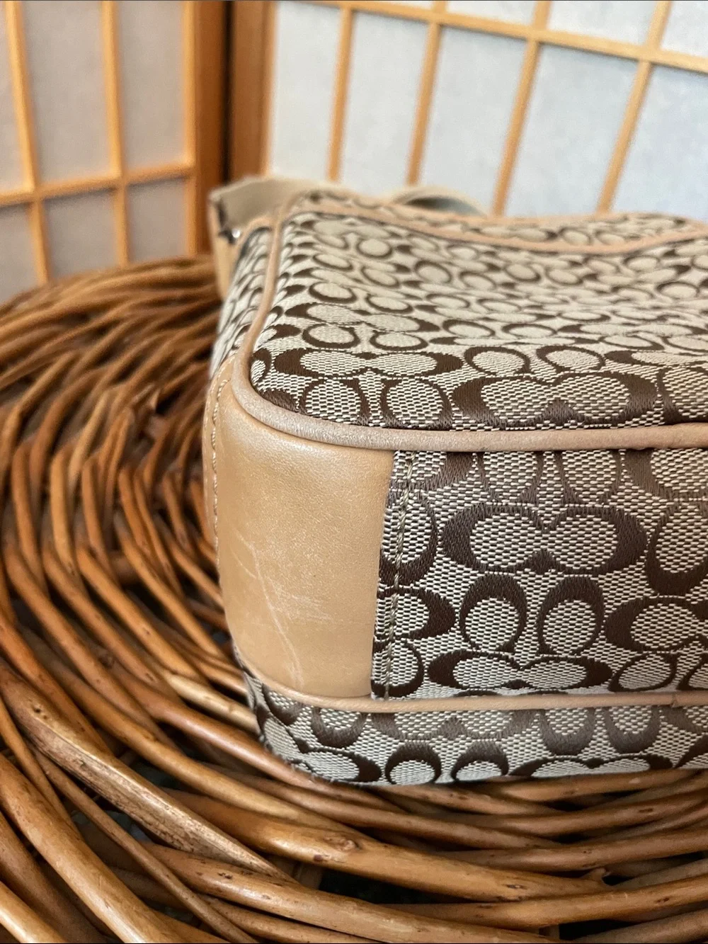 Vintage Coach Slingback Jacquard Messenger Bag in Khaki and Chalk